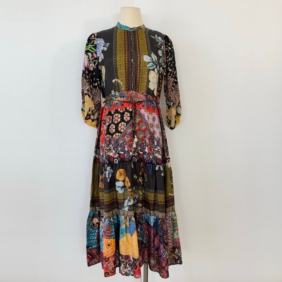 Johnny Was Silk Tibby Jaime 3/4 Sleeve Tiered Maxi Dress Multicolor Patchwork XS - Picture 3 of 15